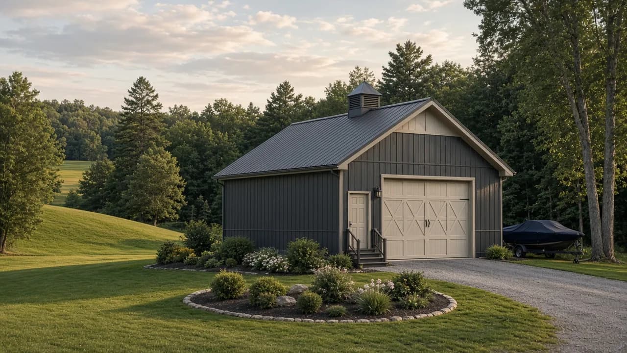 Garage and workshop on wooded acreage.