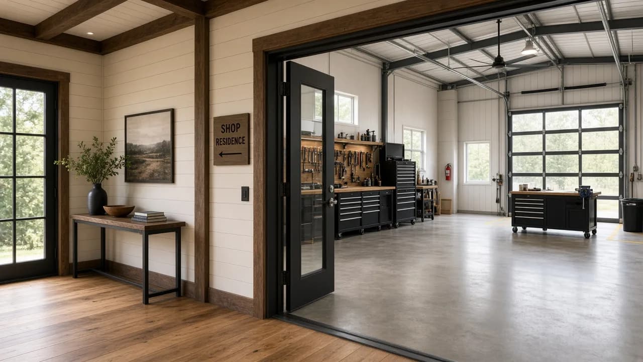 Transition between barndominium living and shop areas.