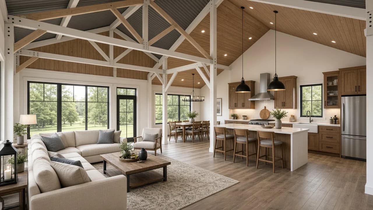 Barndominium living area with an open vaulted interior.