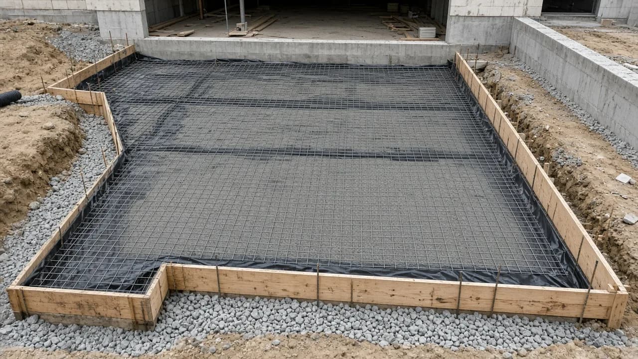 Compacted base and reinforcement prepared for concrete.