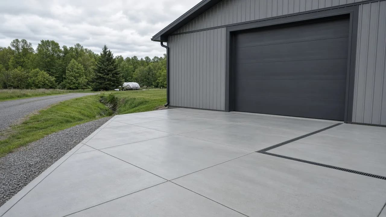 Finished concrete apron outside a post-frame building.
