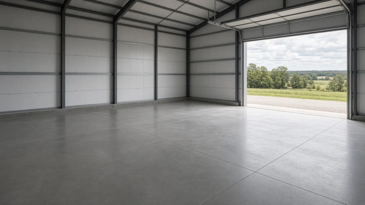 Finished concrete floor inside a post-frame building.