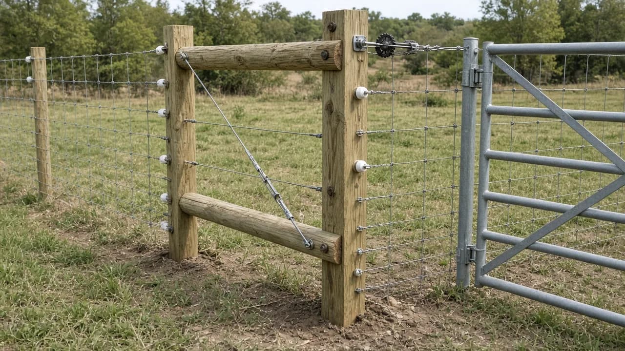 Braced farm-fence corner and gate detail.