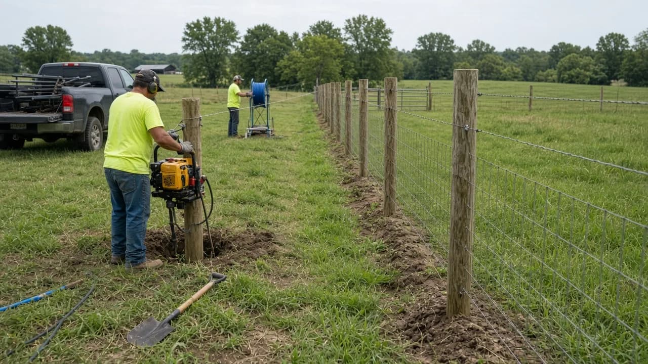 Farm-fence installation in progress.