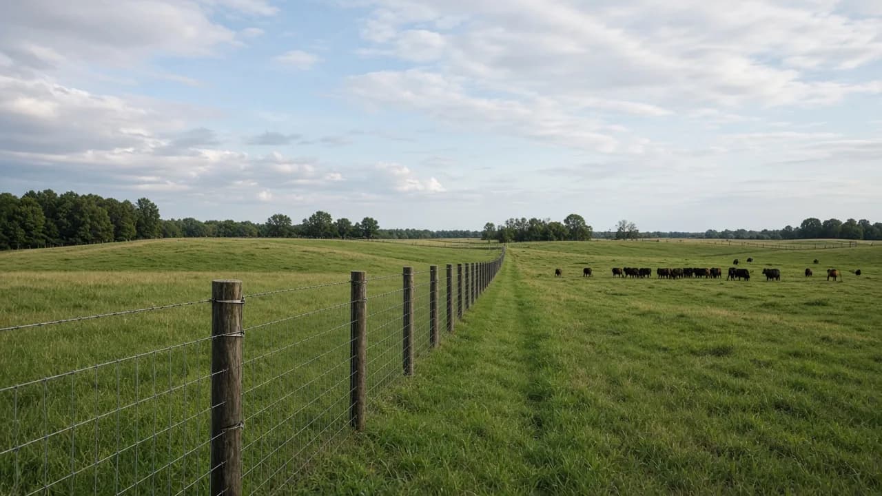 Finished livestock fence line across pasture.
