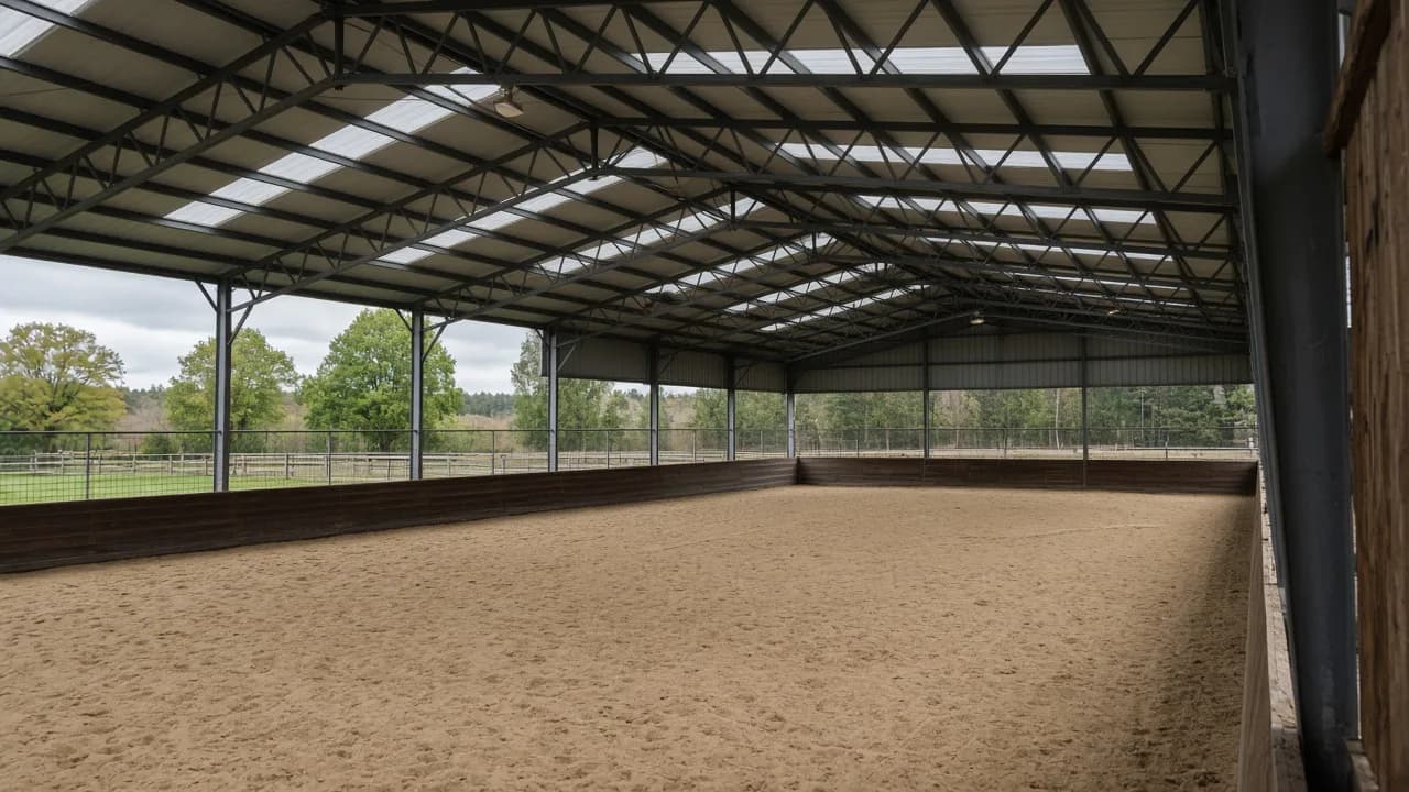 Covered riding arena or run-in structure.