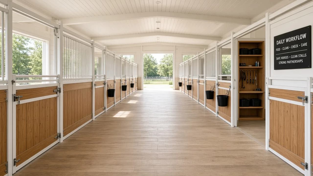 Center-aisle stable with stalls on both sides.