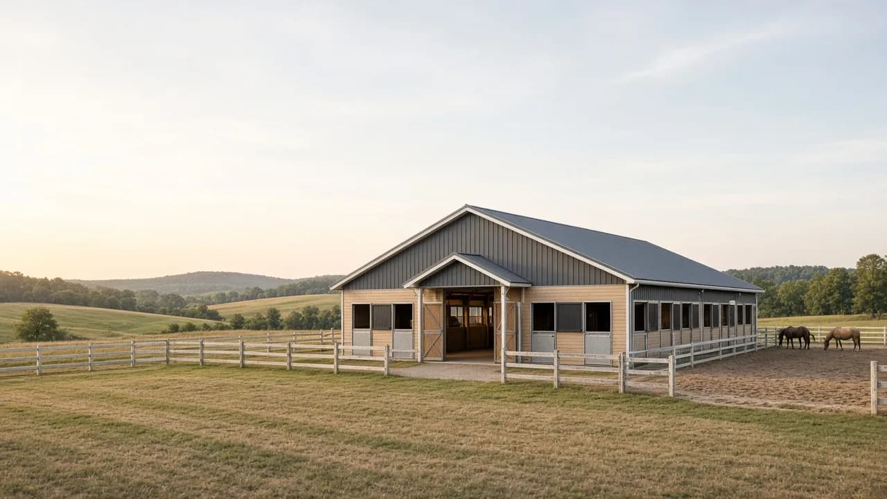 Finished horse barn with paddock and pasture.