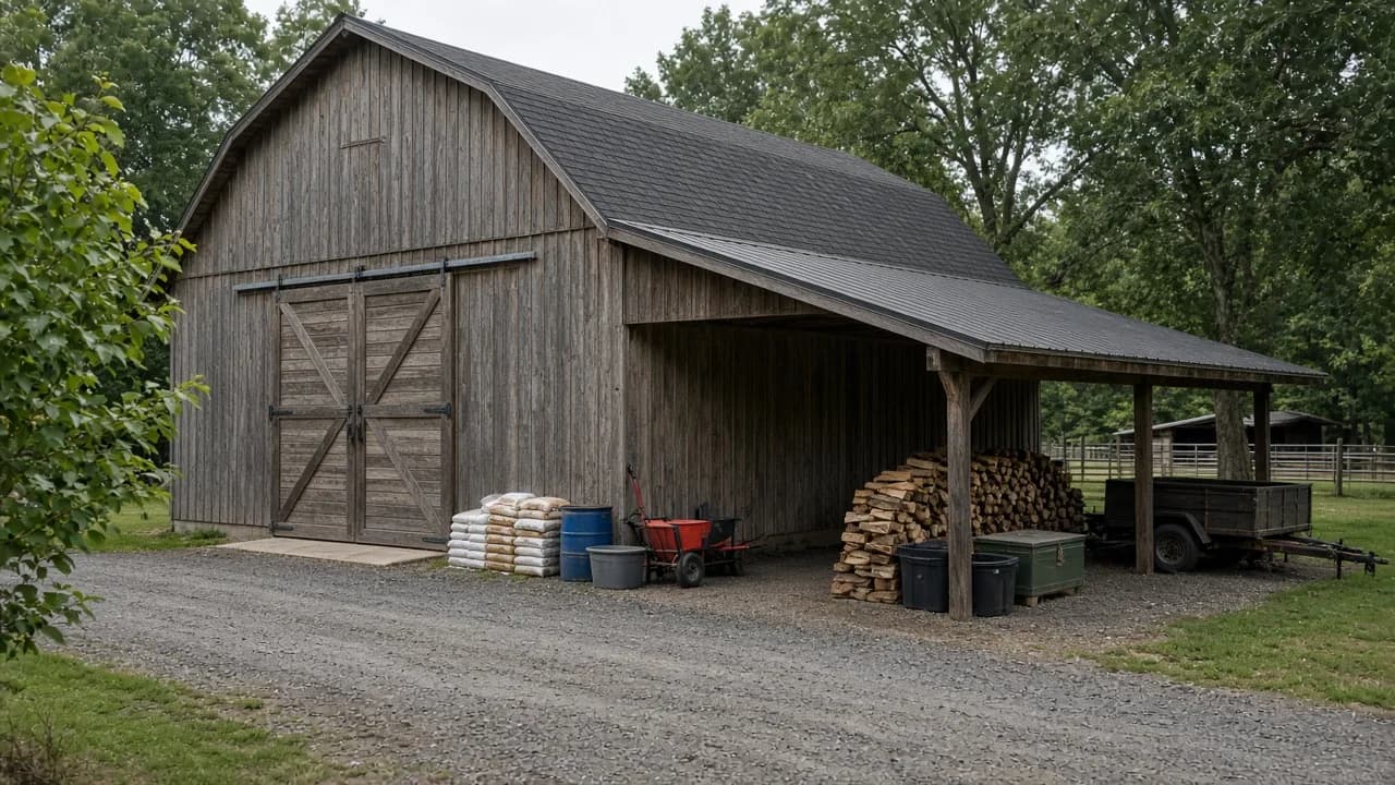 Barn lean-to sheltering farm equipment and materials.