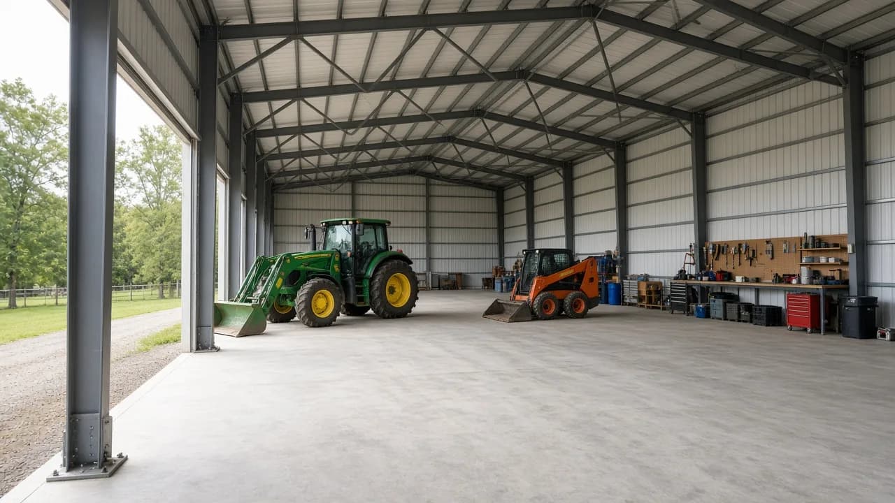 Clear-span pole barn interior with farm equipment.