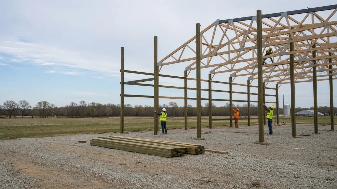 Post-frame barn structure being raised.