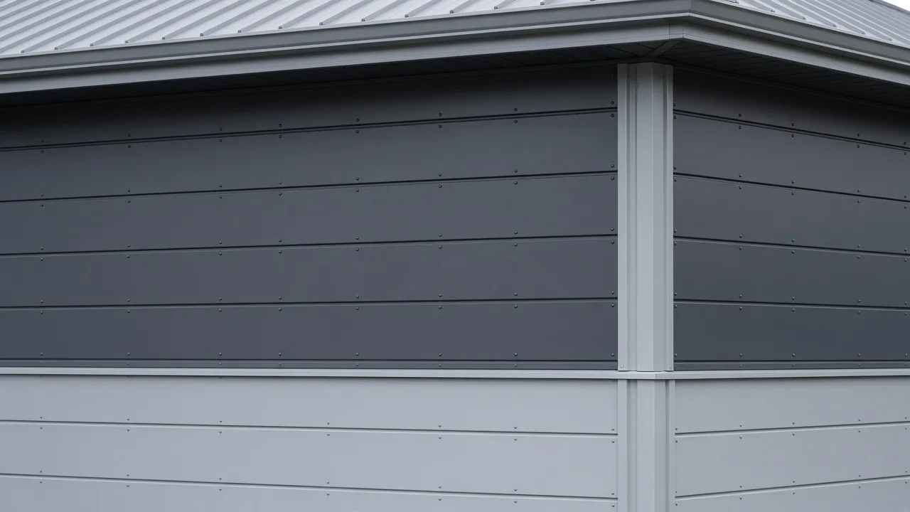 Close view of metal siding and trim workmanship.