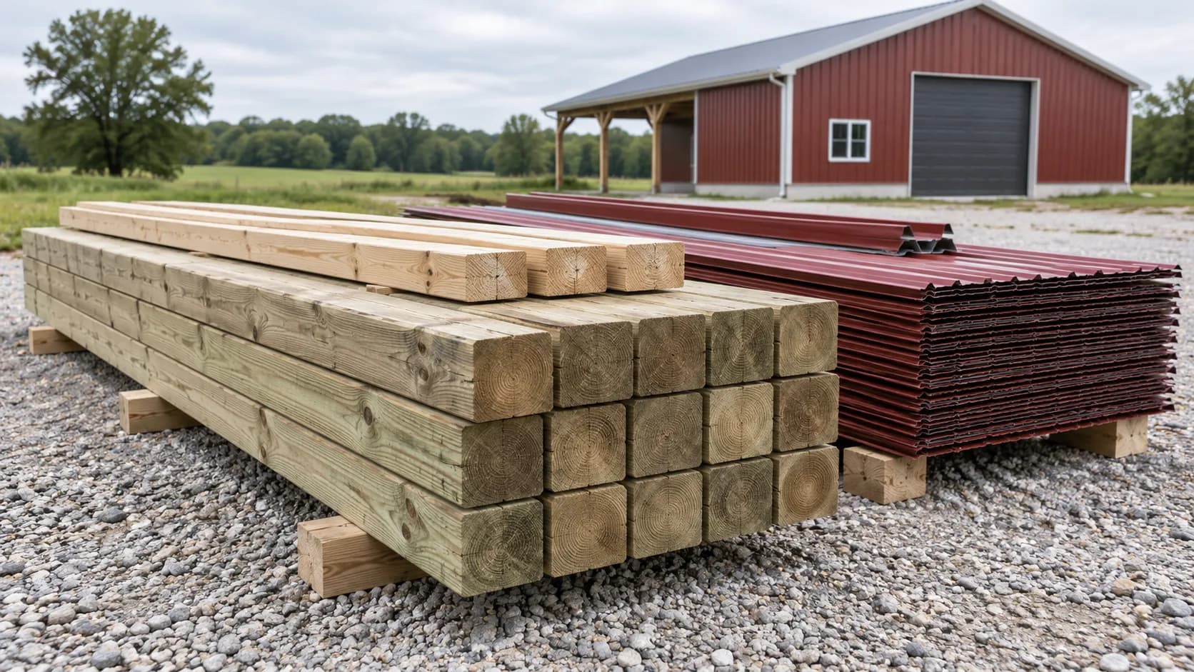 Stacked timber posts and barn-red metal roofing panels ready for a pole-barn build.