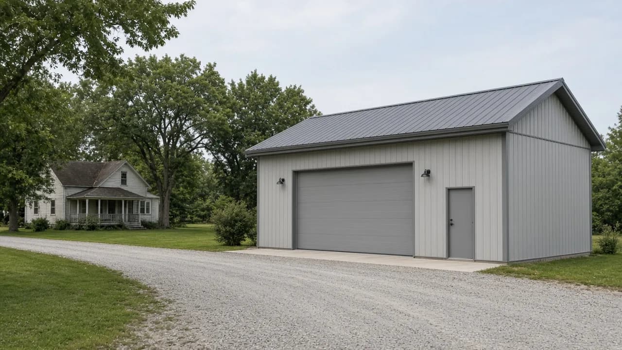 Detached workshop in a rural setting.