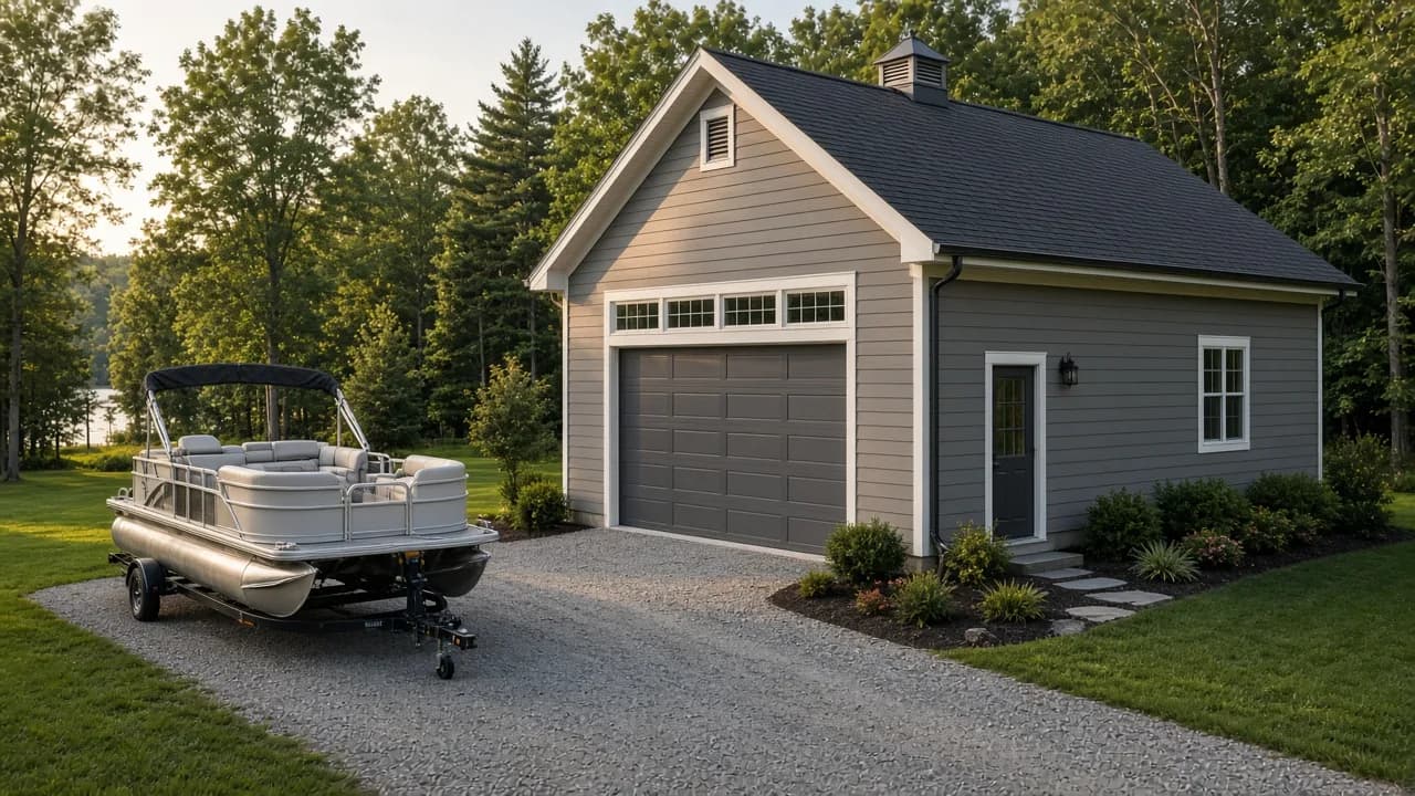 Garage designed for boat and RV storage.
