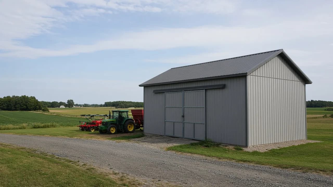 Farm equipment-storage pole barn.