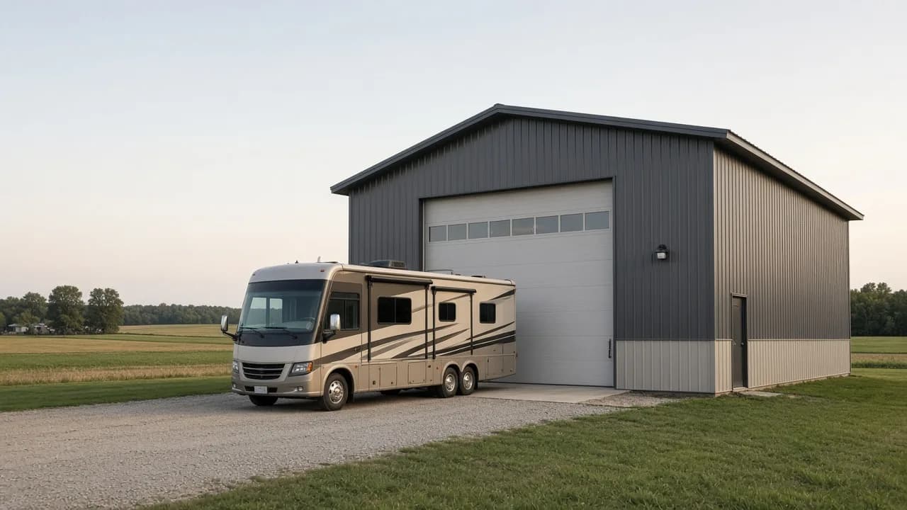RV-height garage and workshop exterior.