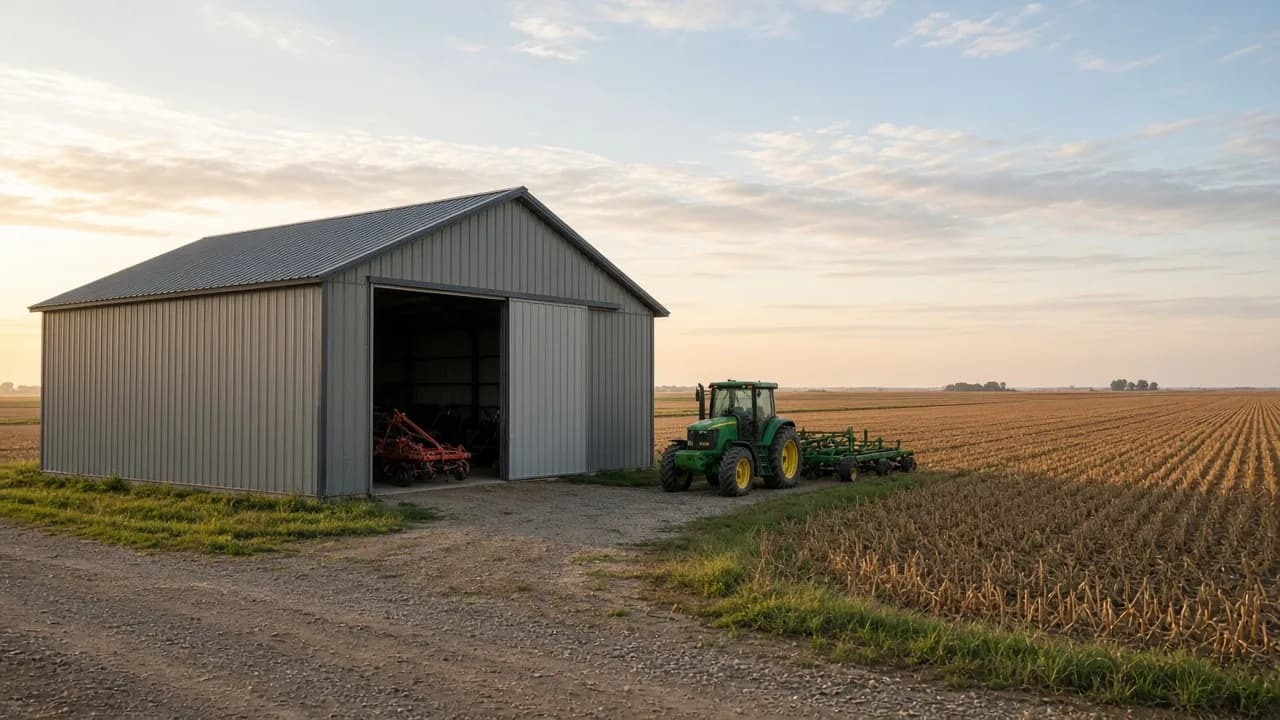 Farm-equipment pole barn in a rural setting.