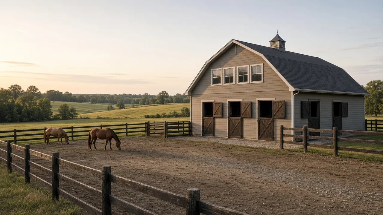 Horse barn beside a fenced paddock.