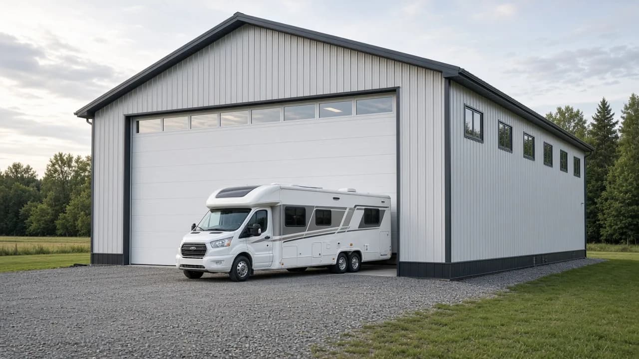 Tall-door garage configured for RV and boat storage.